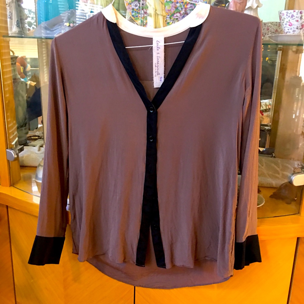 100% silk stripe mod v neck brown black blouse